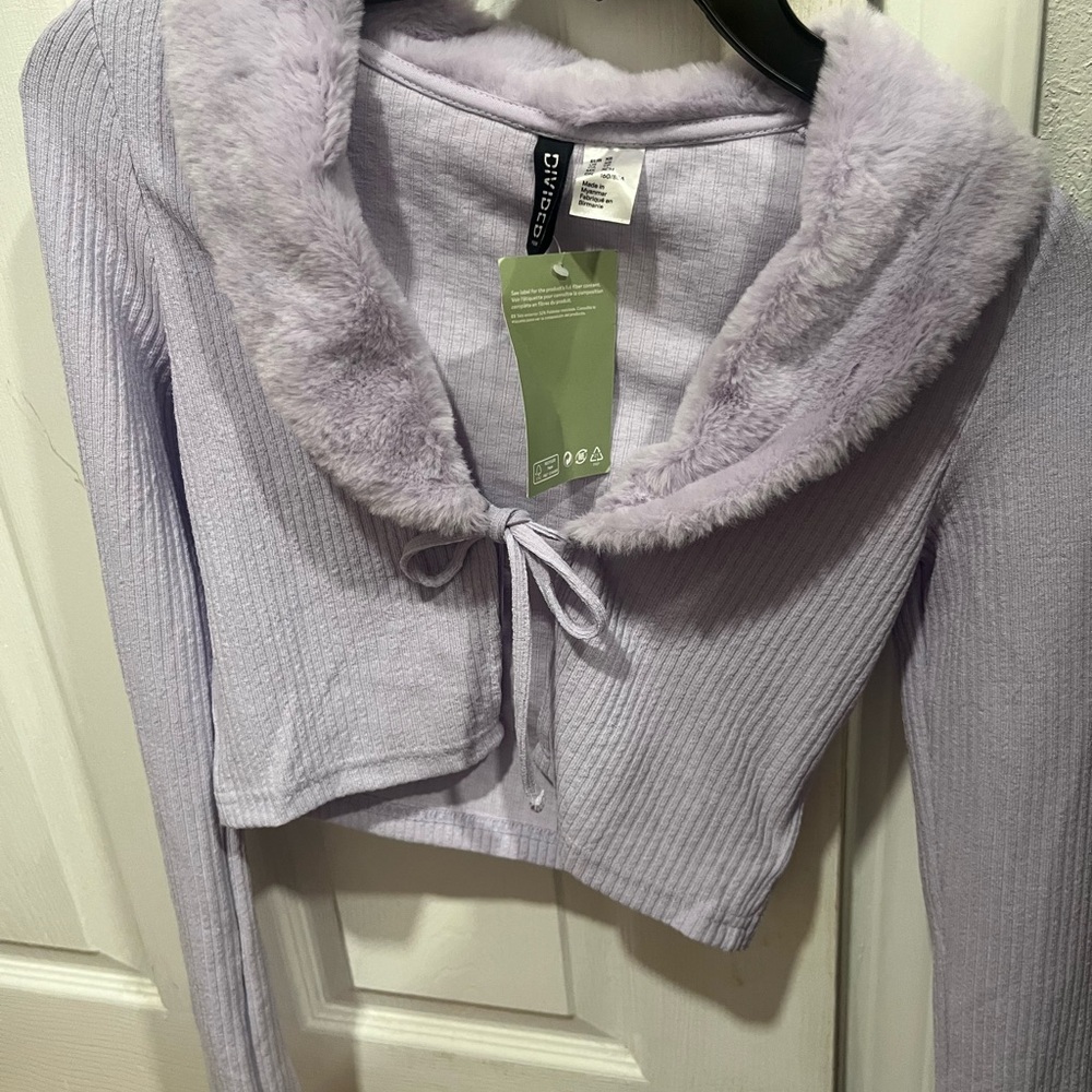 Divided Lavender Fuzzy Trim Sweater